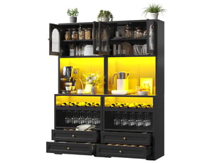 Buffet haut noir, portes en verre incurvées, led app, casier à vin, 140x180cm (sans matelas)