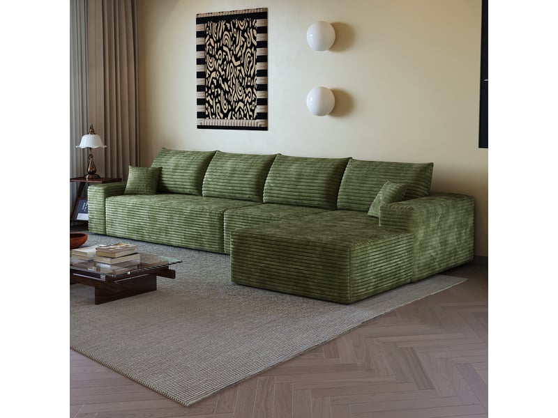  Canapé d'angle modulable 340 cm en velours côtelé vert - 4 places avec méridienne, assise profonde  - Conforama D