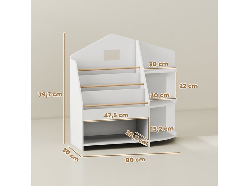  Bibliothèque enfant 80 x 30 x 79,7 cm blanche en bois, 7 compartiments pour livres et jouets au sol  - Conforama C