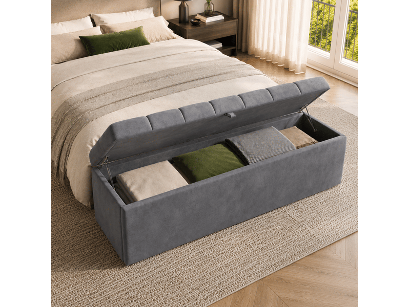  Banc coffre 138x41x42 cm en velours gris  - Conforama D