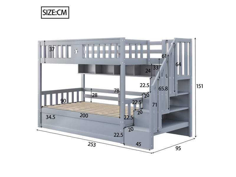  Lit superposé en bois gris avec coffre hydraulique, étagères et escalier de rangement  - Conforama B