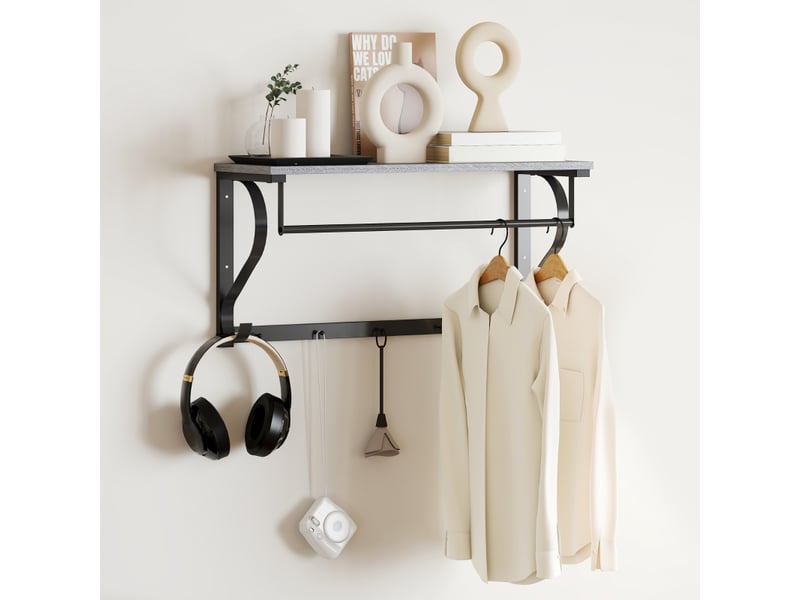  Porte-vêtements mural, patère, 5 crochets, étagère supérieure, polyvalent, gris 837-607V00GY - Conforama E