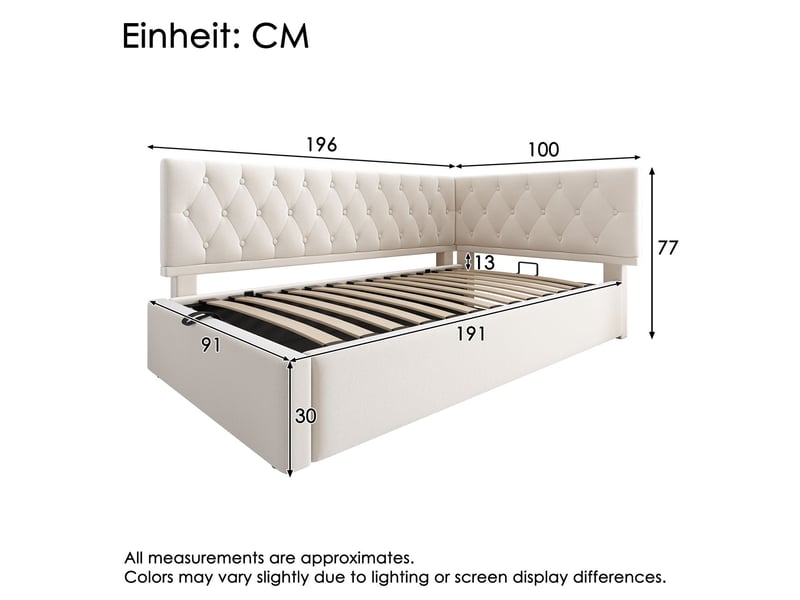  Lit capitonné 90x190, look moderne lit une personne, revêtement velours beige, rangement hydraulique intégré, sommier bois inclus  - Conforama C