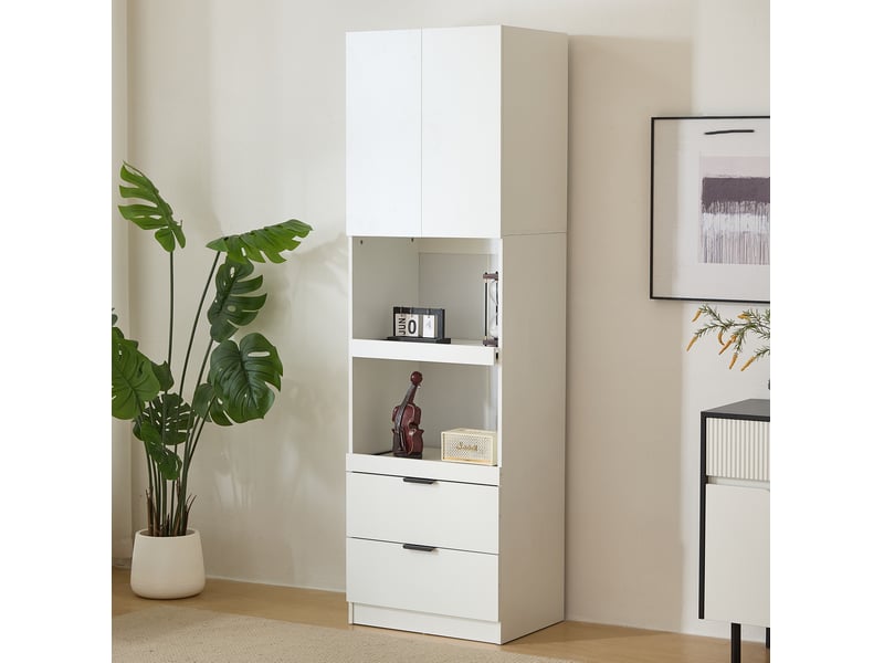  Colonne de cuisine avec 1 porte, 2 tiroirs et 2 étagères ouvertes pour micro-ondes, blanc, 59,5 × 45 × 200 cm  - Conforama C