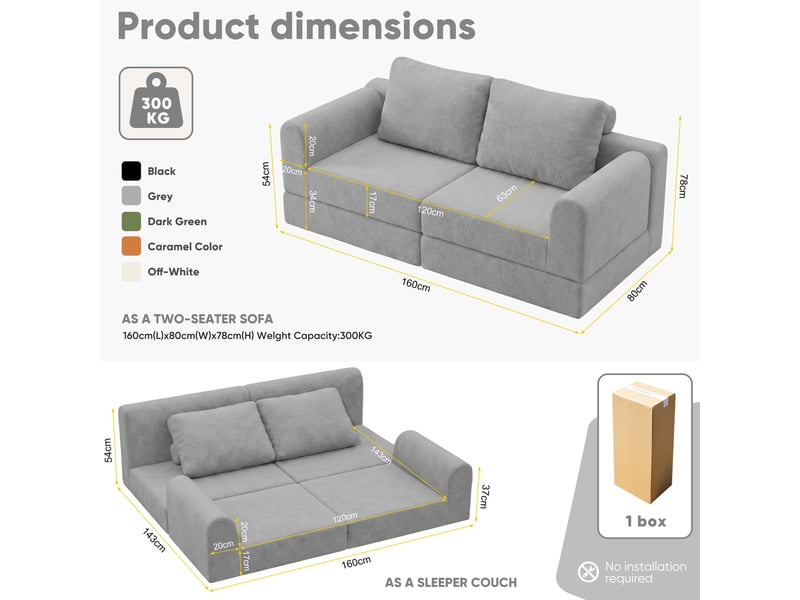 Canapé pliant modulable 2 places en flanelle gris 160x80x78 cm  - Conforama C