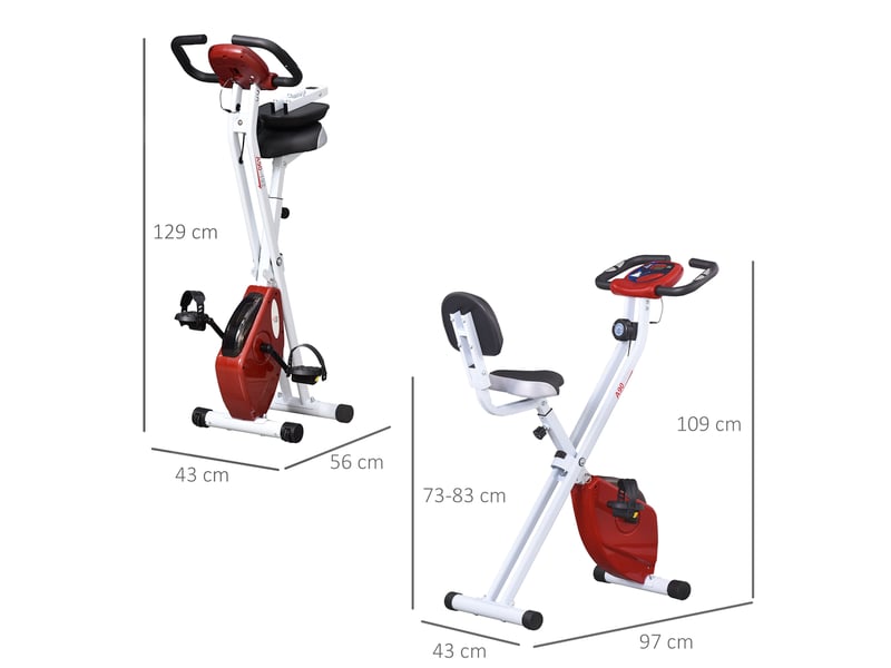 Vélo appartement pliable fitness intérieur, 8 résistances magnétiques, dossier, selle réglable, lcd, cardio, rouge. - Conforama E