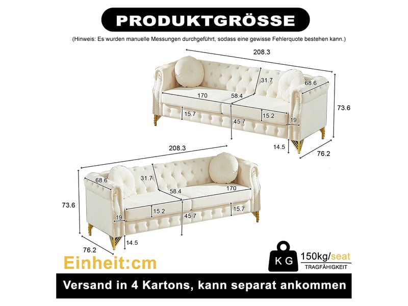  Canapé chesterfield beige en velours, 208,3 x 287,9 x 73,6 cm, pieds en métal, boutons capitonnés, clous dorés  - Conforama C