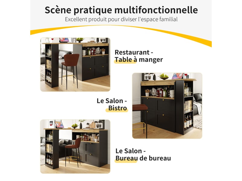  Table de bar 105 x 39 x 102 cm avec 4 tiroirs, rangements ouverts et plateau pivotant à 360°, noir  - Conforama D