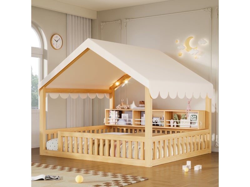  Lit cabane enfant 140 × 200 cm 2 places avec led, étagère et barrière, sans matelas, en bois, naturel  - Conforama B