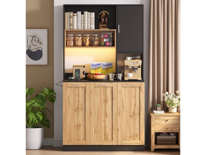  Armoire de cuisine haute avec éclairage led et prises, rangement avec étagères réglables, vitrine pour salon et salle à manger, 100 × 40 × 180 cm  - Conforama B