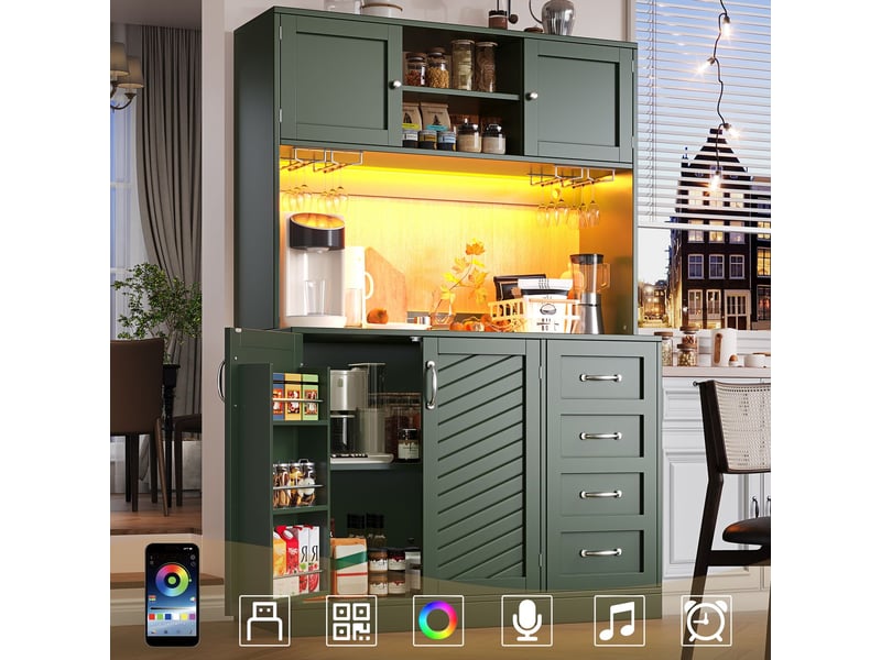  Buffet cuisine 120x40x190, 4 portes 2 tiroirs buffet, led intégrées, porte-gobelets, étagère snacks, vert noir blanc  - Conforama D