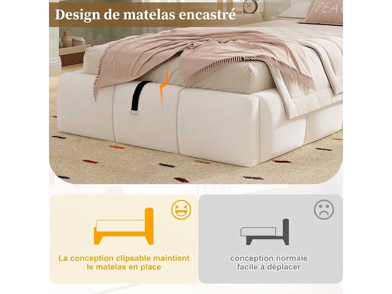  Lit enfant 90x200 coffre avec rangement tissu bouclette beige port usb intégré  - Conforama R