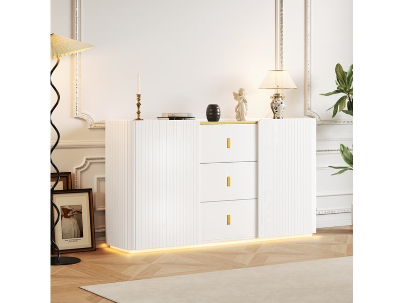 Buffet 2 portes 3 tiroirs avec led 150x35x80 cm blanc - Conforama W