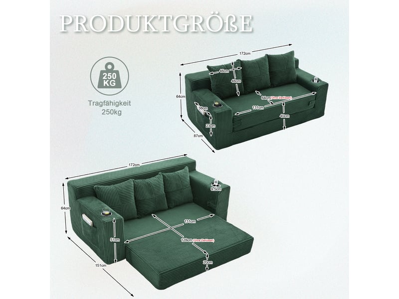  Canapé trois places avec porte-gobelets et poches latérales, design sans cadre, larges assises - vert  - Conforama C