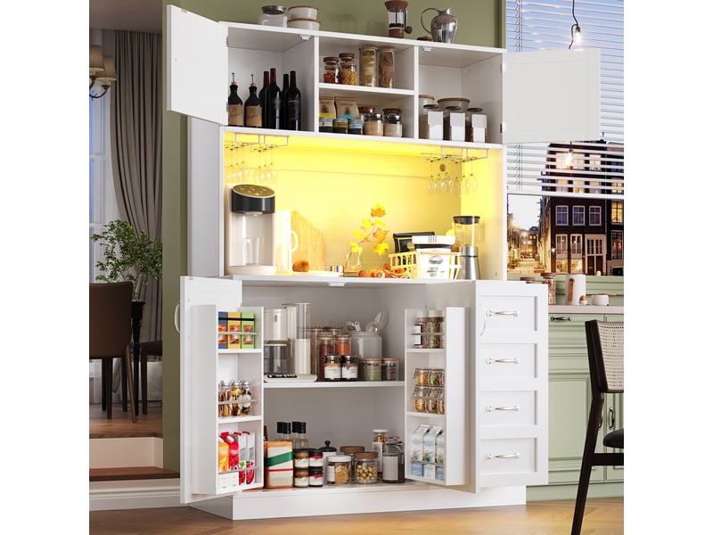  Armoire de cuisine, avec éclairage led, 120 x 40 x 188 cm, avec 4 portes, coloris vert et noir et blanc, solution de rangement fonctionnelle  - Conforama D
