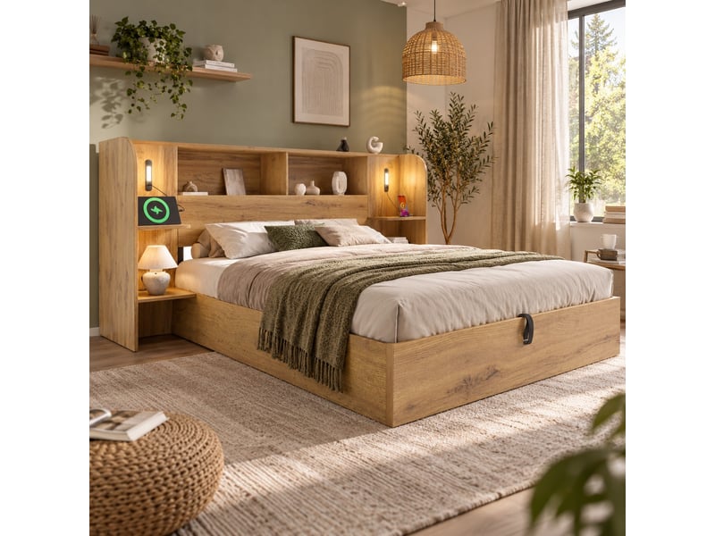Lit coffre 180x200 cm, rangement hydraulique, tête de lit avec rangement, 2 tables de chevet, éclairage led pour chambre - chêne - Conforama E