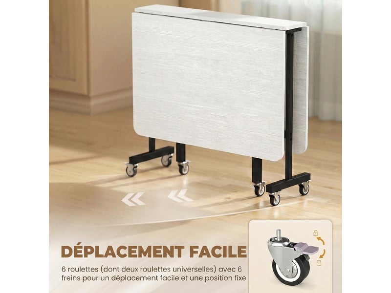  Table à manger pliante sur roulettes pour 4-6 personnes 120 cm, roues avec freins, industriel, 2 abattants, blanc noir  - Conforama R