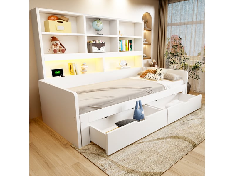  Lit banquette extensible 90180x200 cm blanc avec led, prises et rangements  - Conforama E