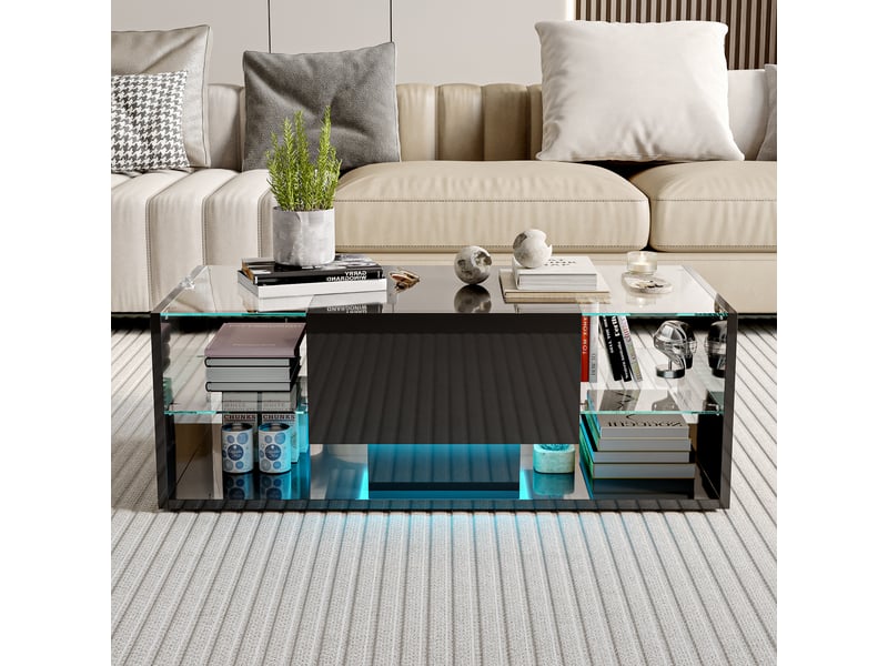  Table basse – verre laqué noir –  rangement led  – apptélécommande – plateau en verre trempé – design moderne  - Conforama D