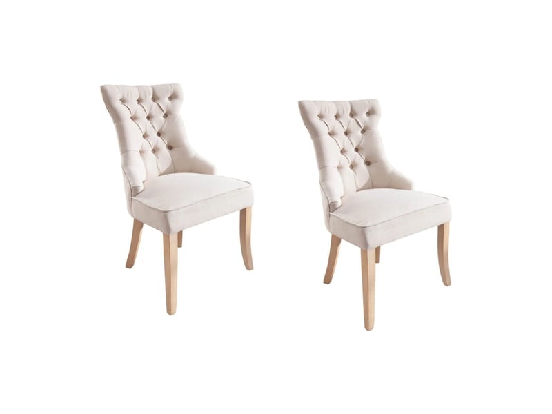  Lot de 2 chaises regina beige en lin capitonné – dossier haut, anneau argenté et pieds en bois clair  - Conforama A