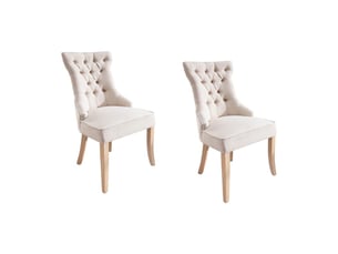 Lot de 2 chaises regina beige en lin capitonné – dossier haut, anneau argenté et pieds en bois clair
