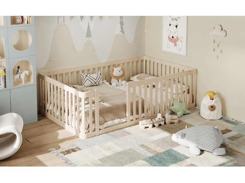  Lit enfant 90x200 avec barrière en pin massif et espace de jeu, crème  - Conforama E