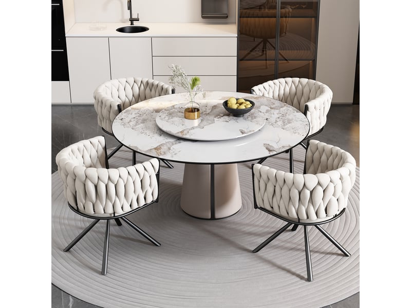  Lot de 4 chaises de salle à manger avec pivotantes, accoudoir, pied en métal, velours, beige  - Conforama W