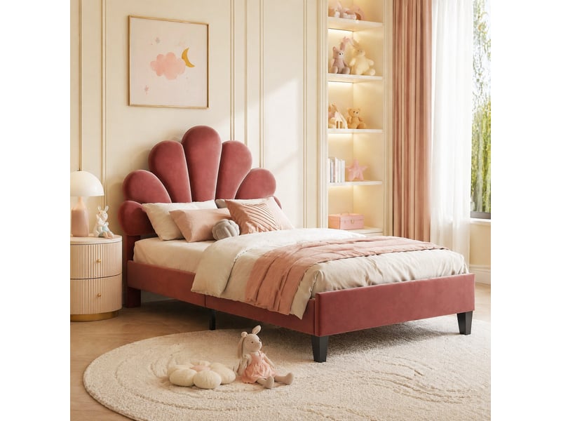  Lit simple enfant 200×90 cm avec tête de lit fleur et sommier à lattes, sans matelas, en velours rouge  - Conforama B