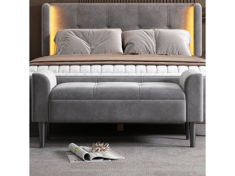  Banc capitonné avec accoudoirs en velours gris, pour chambre, piano ou salle à manger, assise confortable  - Conforama E