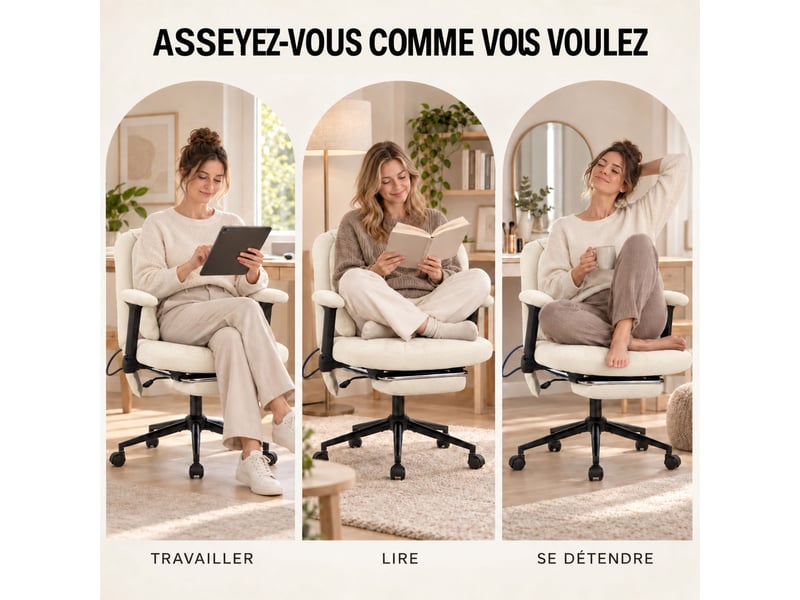 Fauteuil de bureau ergonomique en tissu respirant, coussin lombaire gonflable réglable, assise large pour s’asseoir, beige - Conforama C