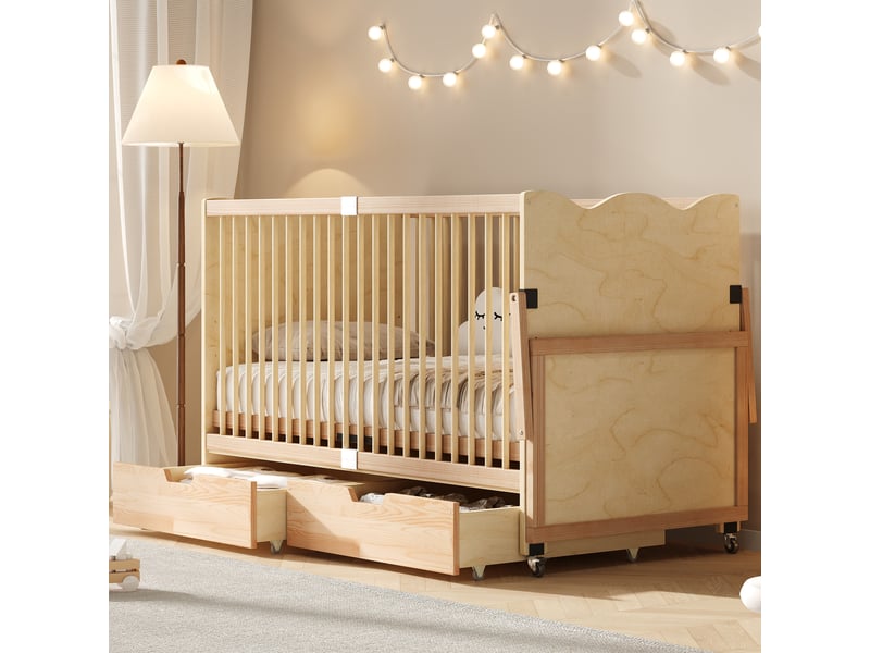  Lit enfant évolutif à roulettes, 2 tiroirs et tablette - okmyhome- pin massif naturel, matelas non inclus  - Conforama C