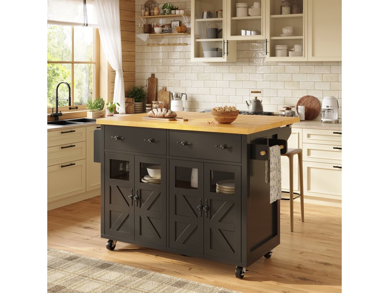 Desserte de cuisine mobile noire 140x73x93.5 cm avec plateau extensible - Conforama D