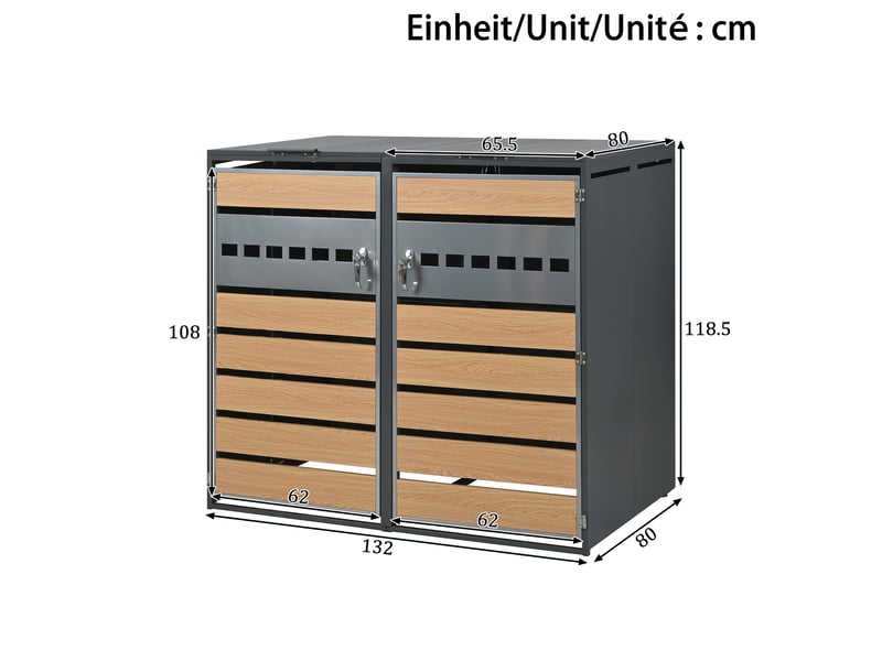  Cache-poubelles 2 compartiments avec couvercle rabattable, portes verrouillables, métal extérieur  - Conforama C