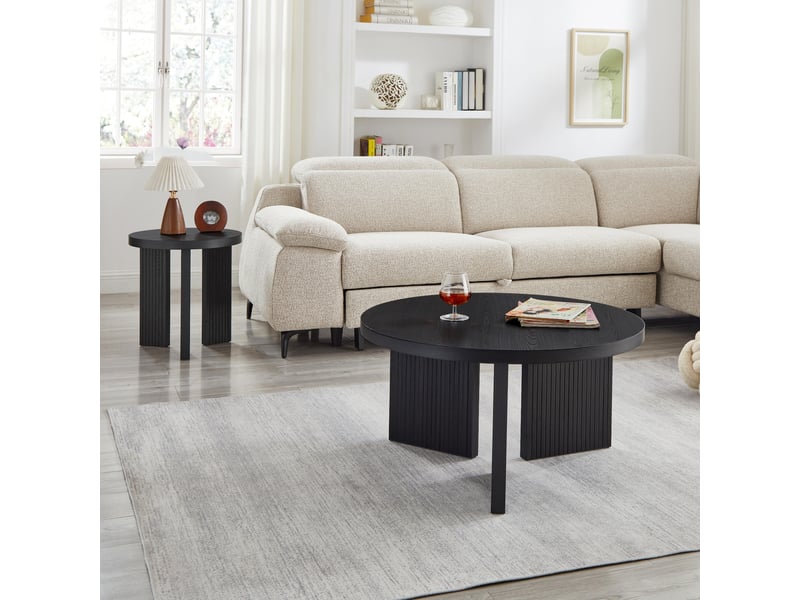  Ensemble de deux tables basses rondes à pieds rainurés, mdf, diamètres 80 et 44,5 cm, noir  - Conforama E