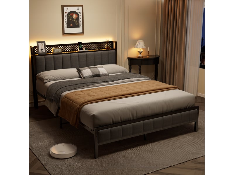  Lit 2 places 140x200 cm avec ports usb, étagère de tête de lit et rangement sous lit, métal noir et tissu  - Conforama B