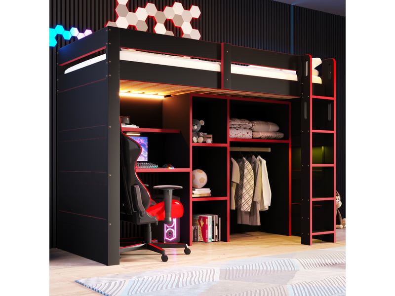 Lit mezzanine 90x200 cm avec éclairage led et ports usb et usb-c en bois, mdf, noir CARDUME ESTIVAL - Conforama D