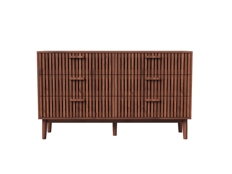 Commode 6 tiroirs - 100x34x73cm - meuble double chiffonnier vintage avec façades à lattes et pieds hauts - noyer - Conforama A