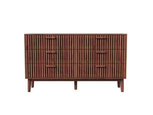 Commode 6 tiroirs - 100x34x73cm - meuble double chiffonnier vintage avec façades à lattes et pieds hauts - noyer