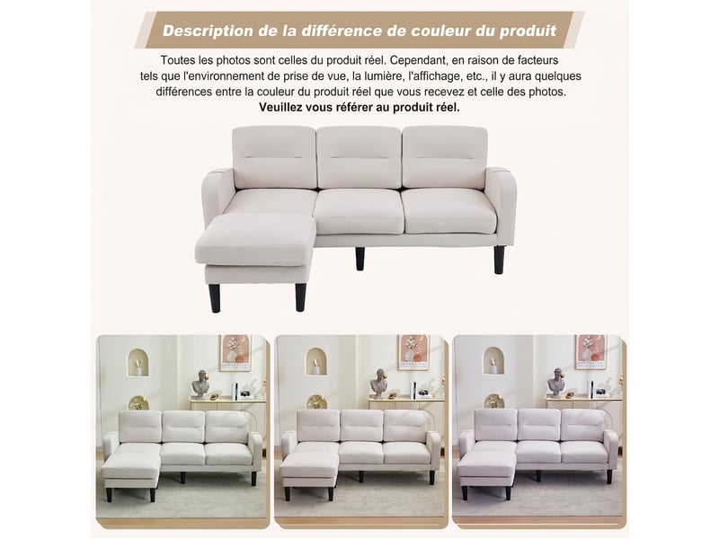  Canapé d'angle beige 3 places avec méridienne 204x136x80cm - modulable avec poches  - Conforama E