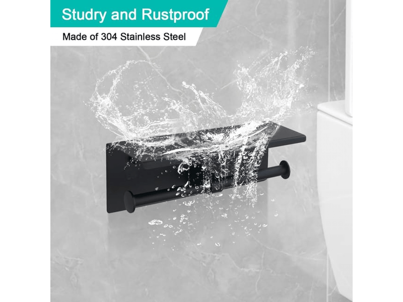  Porte-papier toilette noir mat avec étagères, support mural de salle de bain à double poteau en acier inoxydable  - Conforama E
