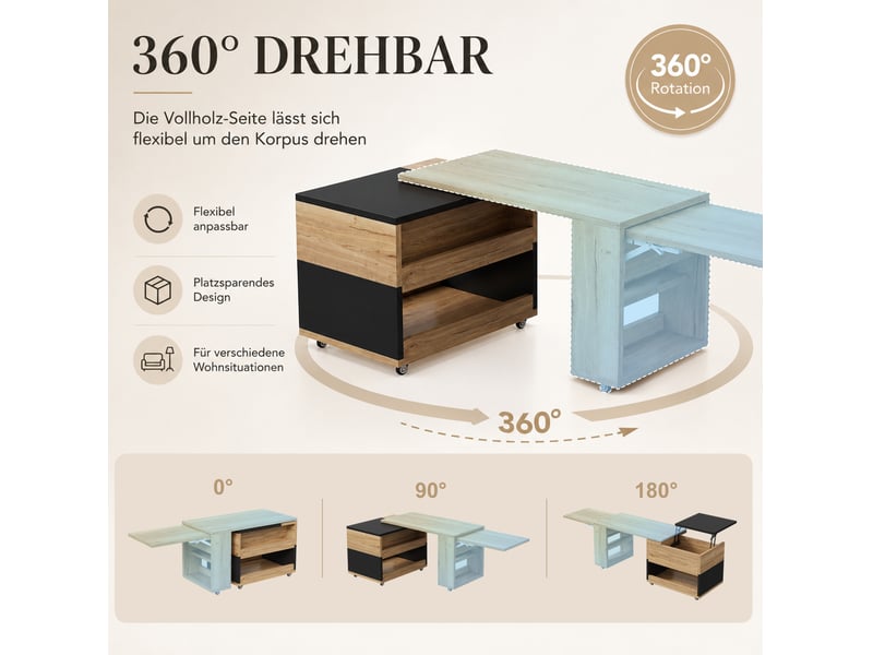  Table basse extensible avec plateau relevable, rangement et élément pivotant à 360° pour salon 161,5 × 46 × 67 cm  - Conforama E