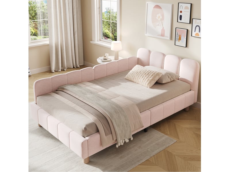  Lit enfant 90 × 200 cm avec barrières, tête de lit rembourrée et poches de rangement, sans matelas, rose  - Conforama C