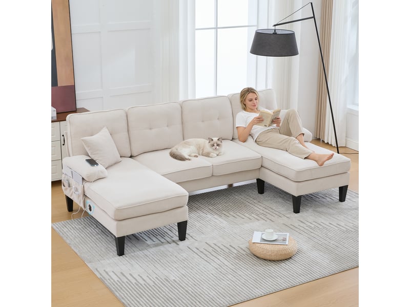  Canapé d'angle, canapé 4 places : avec méridienne, forme u, beige, en lin  - Conforama R