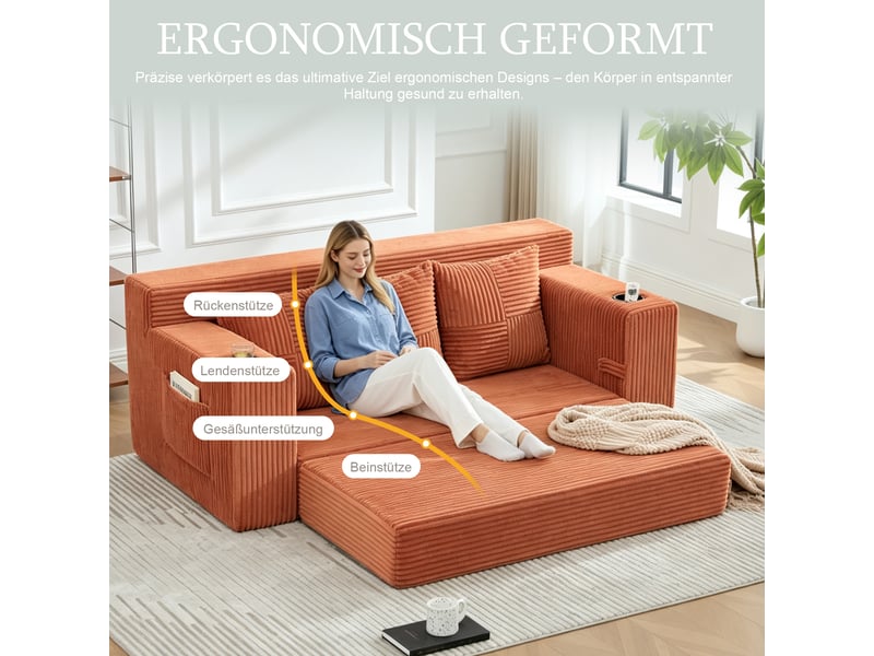 Canapé 3 places en velours côtelé, sans montage, design modulaire, porte-gobelets, rangements latéraux, 172×87×64 cm - Conforama D