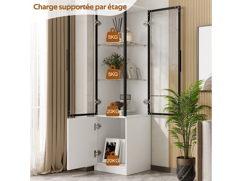  Vitrine haute 40x40x160 cm, éclairage led, commande par application, portes vitrées, grand rangement pour salon et séjour - blanc  - Conforama E