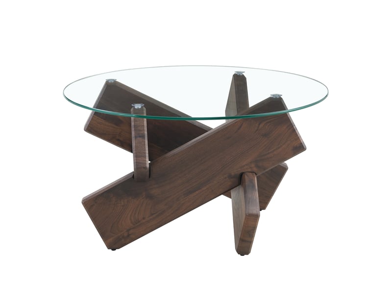  Table basse ronde en verre et mdf à piètement croisé pour salon, diamètre 79 cm, h. 45 cm, transparente noyer  - Conforama A
