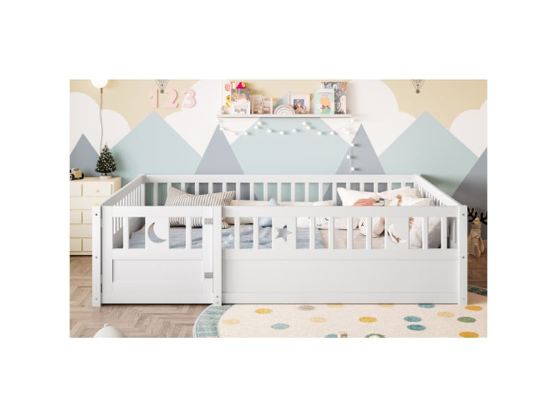  Lit à panneaux, 140 x 190 cm, lit enfant avec barrière de sécurité, décor étoiles et lune, sans matelas, style minimaliste, blanc  - Conforama B