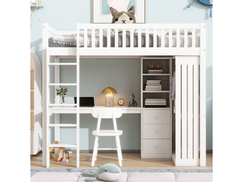  Lit mezzanine 90 x 200 cm avec bureau, armoire et 3 tiroirs, en pin et mdf blanc pour chambre enfant  - Conforama R