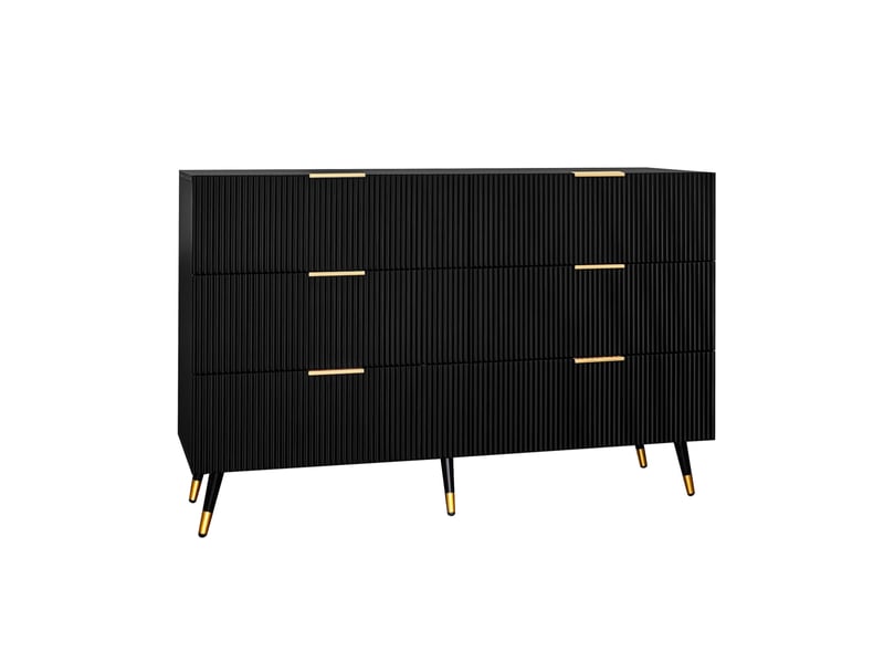  Buffet à 6 tiroirs avec façade ondulée, poignées et pieds dorés, en panneaux de particules noirs, 120 × 40 × 77 cm  - Conforama E
