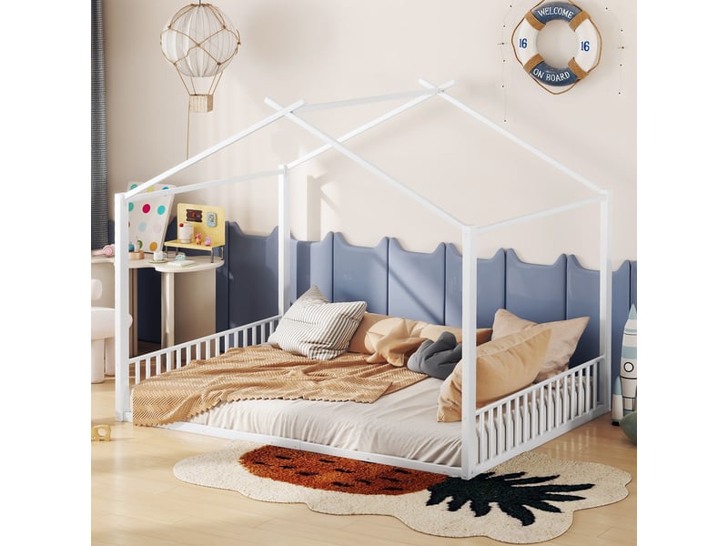  Lit cabane enfant 140 x 200 cm, lit a cadre en fer et d'un matériau mdf, lit double avec barre de maison, sans matelas, blanc  - Conforama C